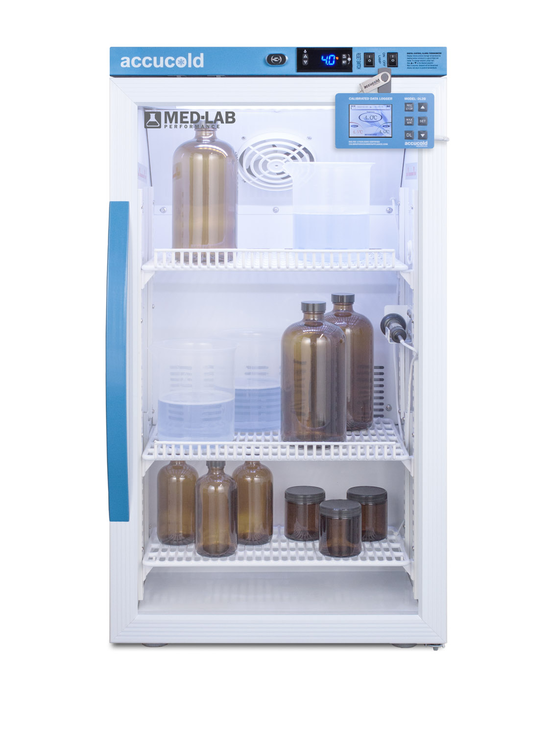 Performance series Med-Lab 3 cu.ft. counter height glass door all-refrigerator for laboratory storage with factory-installed data logger, a hospital grade cord with 'green dot' plug, and antimicrobial silver-ion handle